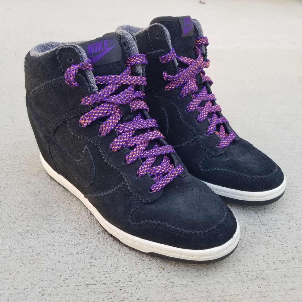 Nike Women's Black Suede High-Top Sneakers with Purple Accents